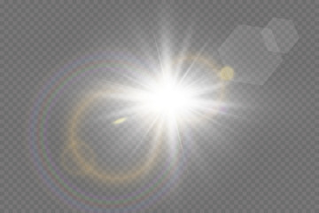 Aufkleber - White glowing light explodes on a transparent background. with ray.  Transparent shining sun, bright flash.  Special lens flare light effect.