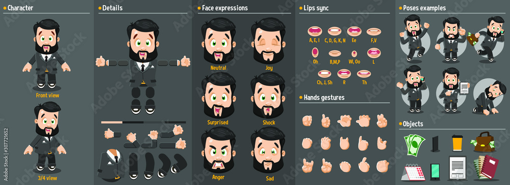 Cartoon brunet bearded man constructor for animation. Parts of body: legs, arms, face emotions, hands gestures, lips sync. Full length, front, three quater view. Set of ready to use poses, objects. - obrazy, fototapety, plakaty 