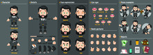 Cartoon Brunet Bearded Man Constructor For Animation. Parts Of Body: Legs, Arms, Face Emotions, Hands Gestures, Lips Sync. Full Length, Front, Three Quater View. Set Of Ready To Use Poses, Objects.