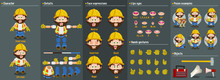 Cartoon Builder Man, Foreman, Worker In Hardhat Constructor For Animation. Parts Of Body: Legs, Arms, Face Emotions, Hands Gestures, Lips Sync. Full Length, Front, Three Quarter View