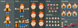 Cartoon redheaded curly student constructor for animation. Parts of body: legs, arms, face emotions, hands gestures, lips sync. Full length, front, three quater view. Set of ready to use poses,
