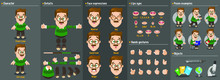 Cartoon Teacher Man In Glasses Constructor For Animation. Parts Of Body: Legs, Arms, Face Emotions, Hands Gestures, Lips Sync. Full Length, Front, Three Quarter View. Set Of Ready To Use Poses,objects