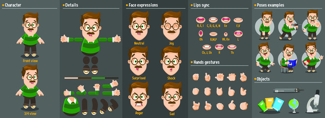 Cartoon teacher man in glasses constructor for animation. Parts of body: legs, arms, face emotions, hands gestures, lips sync. Full length, front, three quarter view. Set of ready to use poses,objects