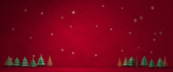 3d rendering christmas, gift box, christmas trees on dark red background