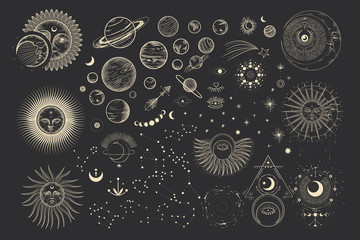 Vector illustration set of moon phases. Different stages of moonlight activity in vintage engraving style. Zodiac Signs