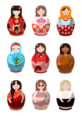 Wall Mural - Set of nesting dolls in colorful costumes of different nationalities. Vector illustration in flat cartoon style.