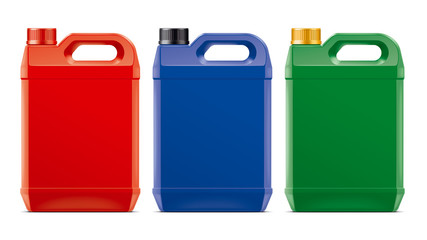 A set of Jerricans. Version of Plastic Red, Blue, Green colors.