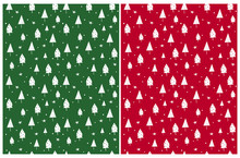 White Christmas Tree Seamless Vector Pattern.White Trees And Stars Isolated On A Red And Green Background. Cute Infantile Style Winter Forest Illustration For Fabric, Wrapping Paper, Party Decoration.