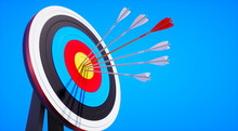 Colored Target Board With Arrows In The Sun Against Blue Sky - 3D Illustration