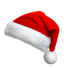 Realistic Collection (set) Of Isolated Real Red Santa Hats . New Year Big Size High Resolution Hats On A Solid Color Background