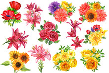 Set Of Flowers Bouquets, Watercolor Illustration, Botanical Painting, Floral Design, Large Collection Of Dahlias, Sunflowers, Carnations, Lilies, Red Anemone, Yellow Roses, Lavender