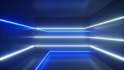 Wall Mural - Abstract background, moving neon rays, luminous lines inside the room, fluorescent ultraviolet light, blue white spectrum, loop, seamless loop 3d render