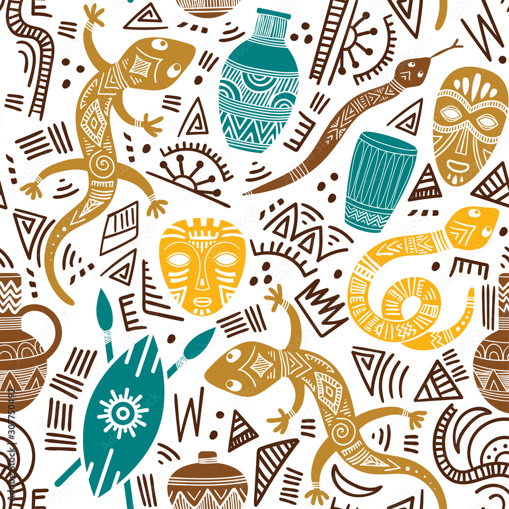 Ethnic seamless pattern with African motifs. Vector illustration ...