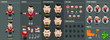 Cartoon brunet barber constructor for animation. Parts of body: legs, arms, face emotions, hands gestures, lips sync. Full length, front, three quarter view. Set of ready to use poses, objects