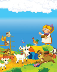  cartoon scene with happy farmer woman on the farm ranch illustration for the children