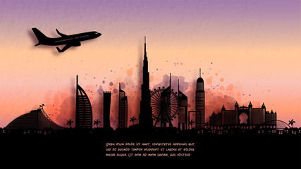 Fototapete - Watercolor of Dubai silhouette skyline and famous landmark. vector illustration.