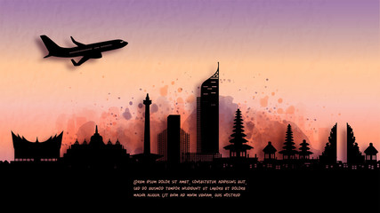 Fototapete - Watercolor of Indonesia silhouette skyline and famous landmark. vector illustration.