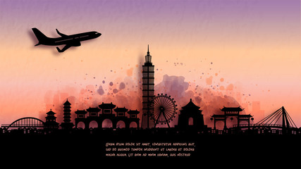 Fototapete - Watercolor of Taipei silhouette skyline and famous landmark. vector illustration.