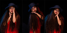 Fashion Young Tan Skin Asian Girl Long Curly Hair Red Lip And Dress Wear Dark Navy Blue Hat Pose Arm And Hand Portrait Style. Studio Lighting Black Background, Group Collage Pack Concept