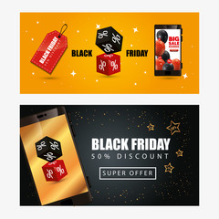 Wall Mural - set poster of black friday with smartphone and decoration vector illustration design