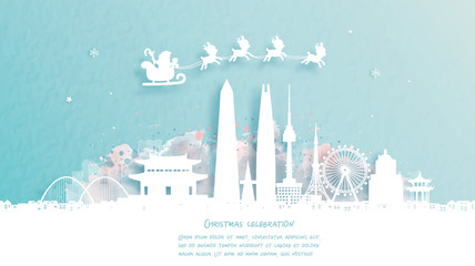 Fototapete - Christmas card with travel to Seoul, South Korea concept. Cute Santa and gift boxes. World famous landmark in paper cut style vector illustration.