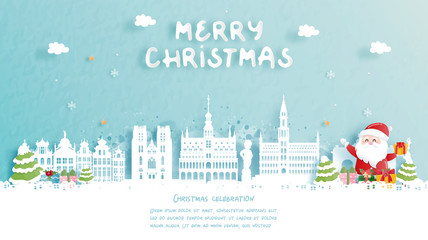 Fototapete - Christmas card with travel to Belgium concept. Cute Santa and gift boxes. World famous landmark in paper cut style vector illustration.