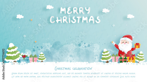 Photographie Christmas card with cute Santa and gift boxes in paper cut style vector illustration