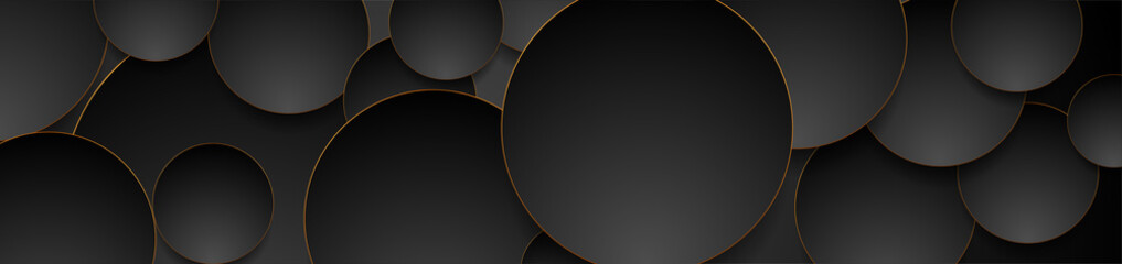 Tech geometric background with abstract golden and black circles. Vector banner design