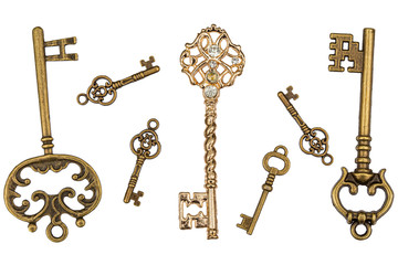 Wall Mural - Set of bronze keys, decorative element for design, isolated on white background