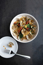 Overhead  Shot Of A Bowl Of Linguini And Clams