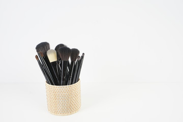 Wall Mural - View of Professional makeup brushes over white background. Selective focus