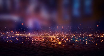 Wall Mural - dark street wet asphalt, reflection of new rays on a wet surface. abstract bokeh light. night street