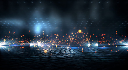 dark street wet asphalt, reflection of new rays on a wet surface. abstract bokeh light. night street