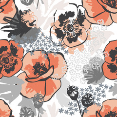 Wall Mural - Abstract meadow poppy flowers seamless pattern in golden colors