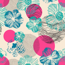 Abstract Geometric Floral Seamless Pattern. Hand Drawn Bright Flowers Combined With Optical Illusions Geometric Shapes.