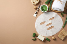 Flat Lay Composition With Different Cosmetic Products And Aloe On Brown Background, Space For Text