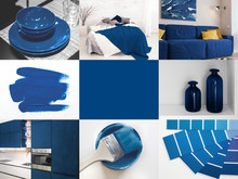 Collage Of Pictures In Blue Color From Photographs Of The Interior. Classic Blue, Pantone Color Of The Year 2020