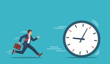 Businessman Running Chase A Rolling Time. Business Concept. Vector Illustration In Flat Style.