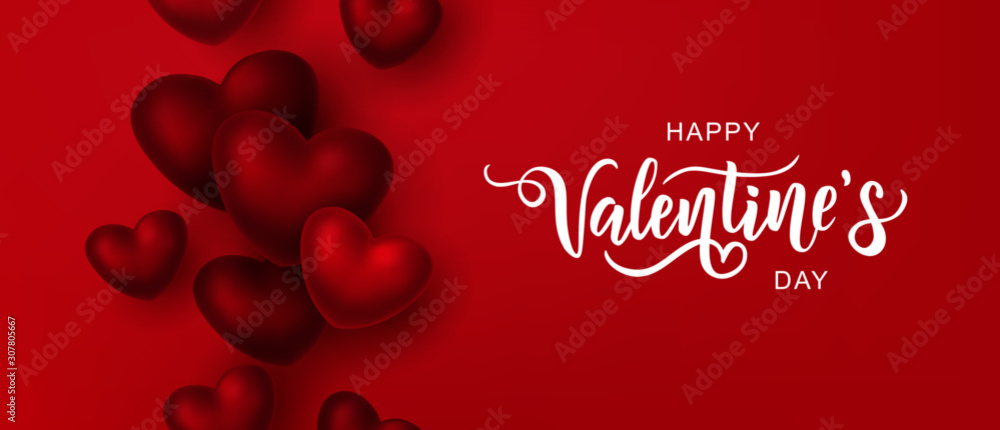 Happy Valentine's day text, hand lettering typography poster on red gradient background. Vector illustration. Romantic quote postcard, card, invitation, banner template.  - obrazy, fototapety, plakaty 