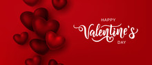 Happy Valentine's Day Text, Hand Lettering Typography Poster On Red Gradient Background. Vector Illustration. Romantic Quote Postcard, Card, Invitation, Banner Template. 