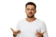 © producer - portrait of bearded man in casual white shirt telling something isolated on white background. man explains to someone