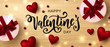 Happy Valentine's Day hand lettering typography with realistic looking gift boxes and hearts. Vector design for greeting cards, banner, poster template. Celebration illustration.