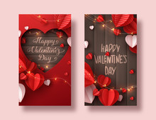 Happy Valentines Day Holiday Banners. Decorative Paper Cut Hearts, Gift Box, Garland With Handwritten Lettering Text On Brown Wooden Background. Vector Illustration.