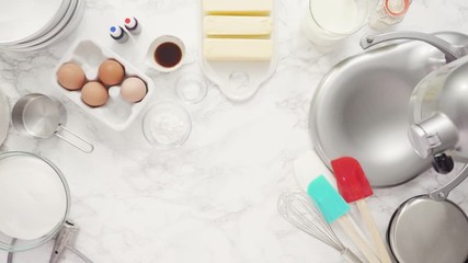 Sticker - Step by step. Flat lay. Mixing ingredients in standing kitchen mixer to bake a three-layer vanilla cake.