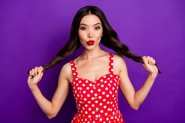 Sticker - Close-up portrait of her she nice attractive lovable coquettish cheerful wavy-haired girl making tails having fun sending air kiss isolated on bright vivid shine vibrant lilac purple violet background