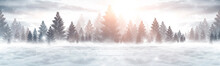 Winter Abstract Landscape. Sunlight In The Winter Forest. Panorama Of Forest Landscape In Winter. Bright Winter Nature Scene.