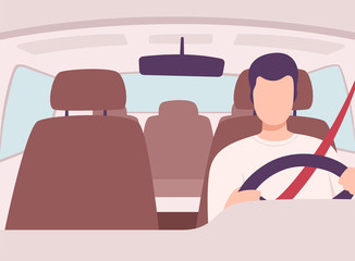 Sticker - Man Driving a Car, Front View from the Inside, Male Driver Character Holding Hands on a Steering Wheel Vector Illustration