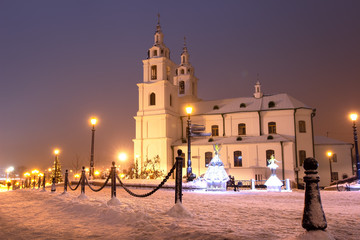 Wall Mural - Minsk city at night, Belarus. Scenic main church of Minsk in Christmas time. Beautiful architecture of capital city of Belarus