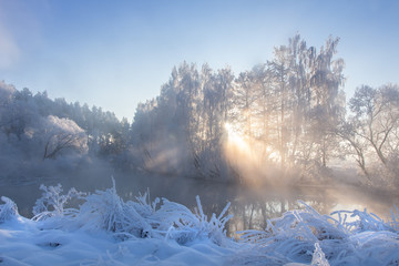Wall Mural - Beautiful winter landscape at sunrise. Amazing snowy nature scene on river side with bright sun rays