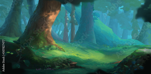 Obraz Dibond Letni las tło dla animacji. Ilustracja projektu sceny. Grafika koncepcyjna gry